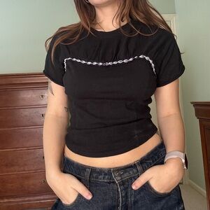 Free People Black Top with Embroidered Trim